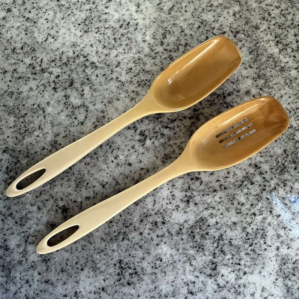 Vintage Ensar Corp Yellow Serving Spoon Slotted Spoon Utensils USA Set of 2